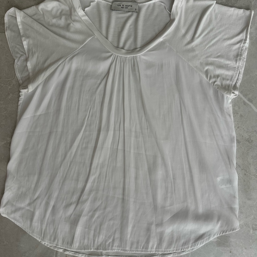 Lola & Sophie White Flutter Sleeve Blouse with Pleated Neckline